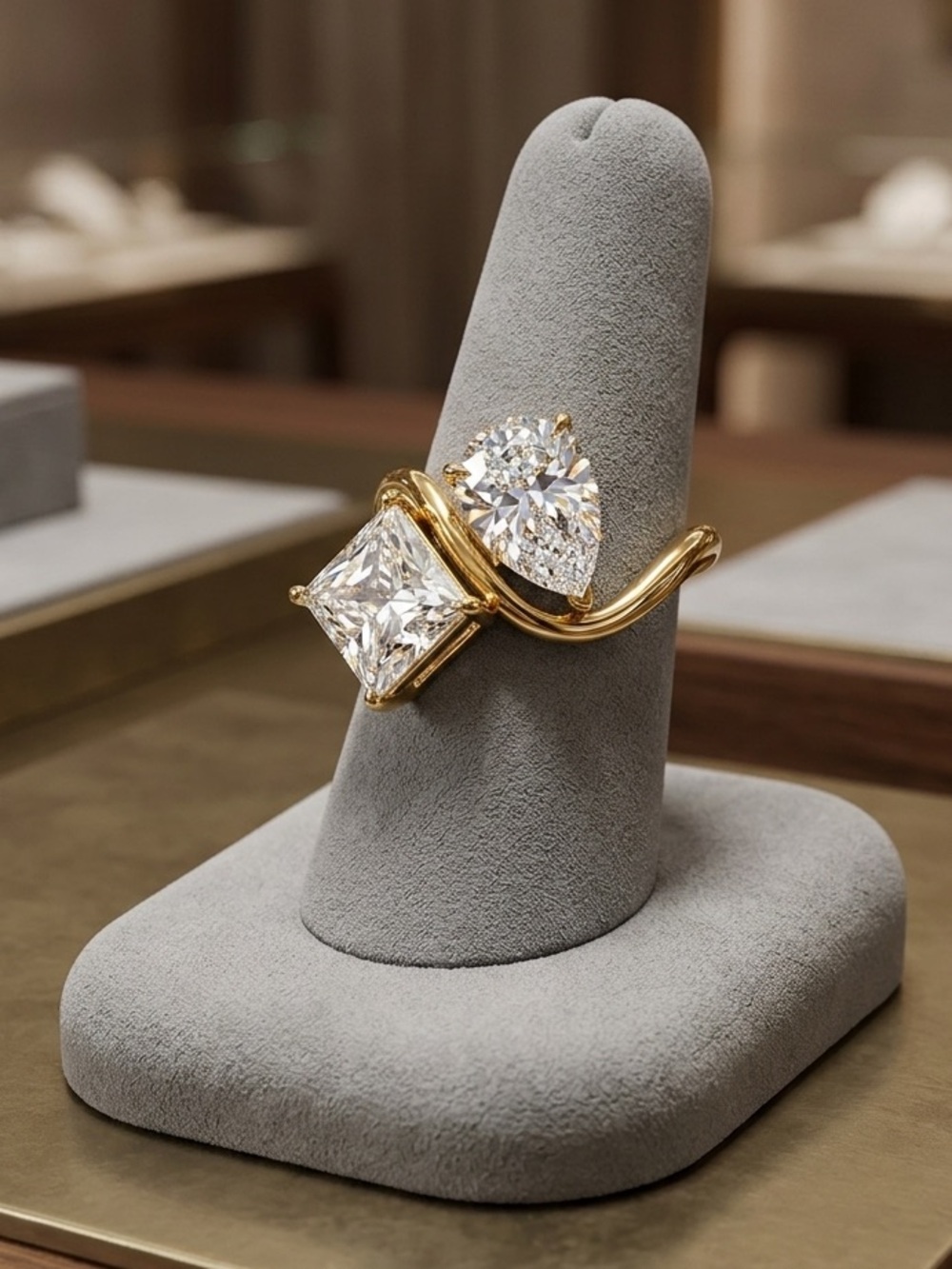 Gold Tone Pear and Princess CZ Open Band Ring - Clear/Gold 7